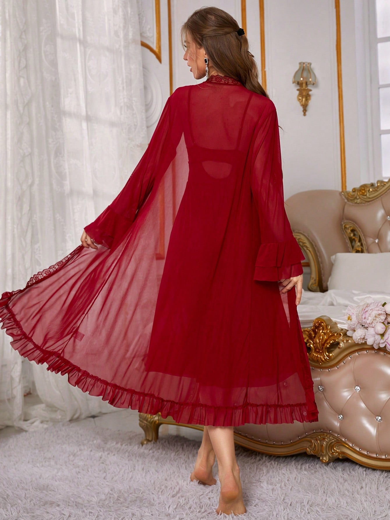 Women's Red Lace Perspective Slip Dress And Robe Pajama Set - WestLine Apparel