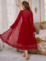 Women's Red Lace Perspective Slip Dress And Robe Pajama Set - WestLine Apparel