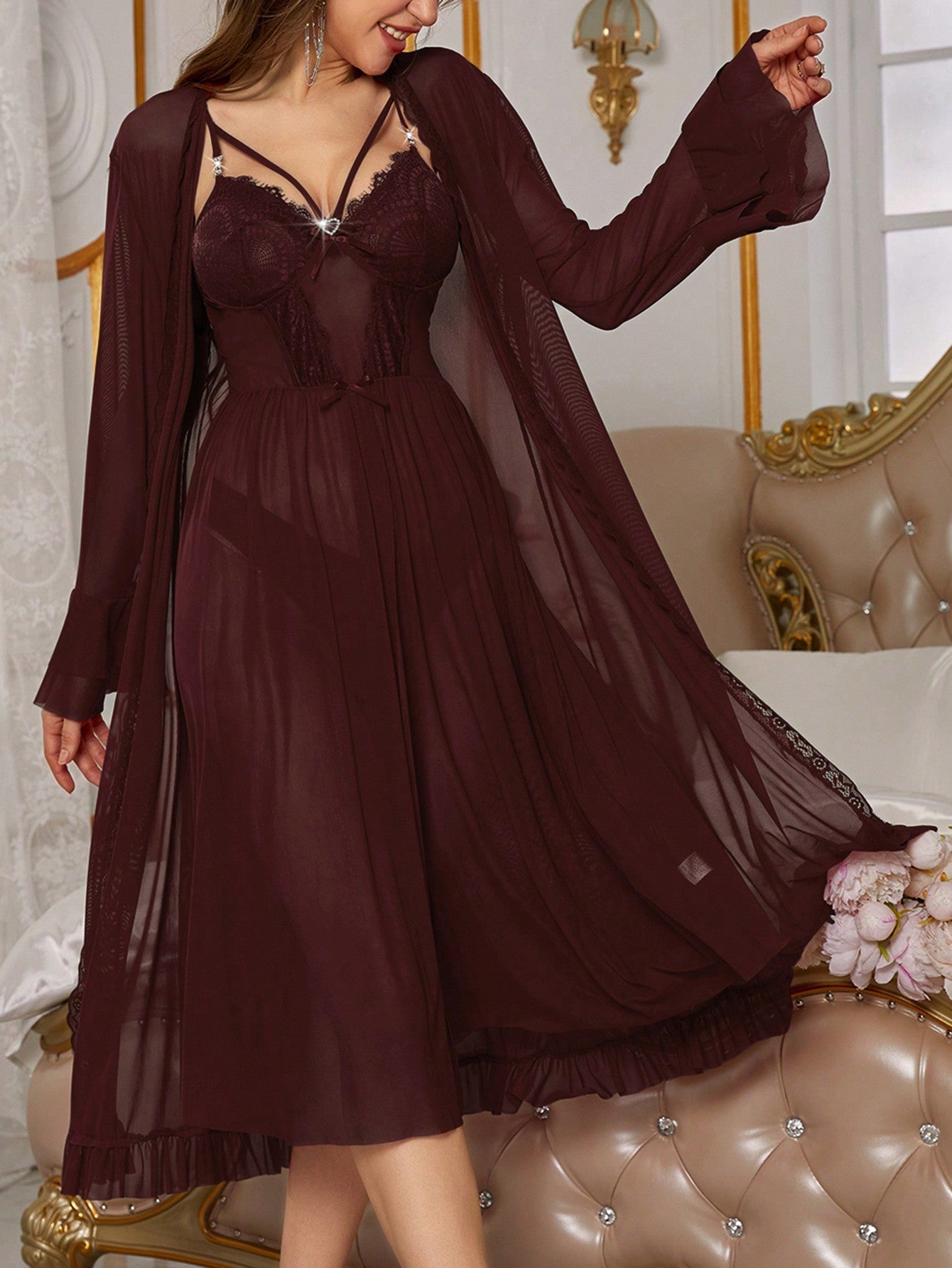 Women's Red Lace Perspective Slip Dress And Robe Pajama Set - WestLine Apparel