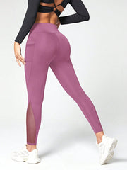 Women's Solid Color Side Phone Pocket Mesh Insert Yoga Leggings - WestLine Apparel