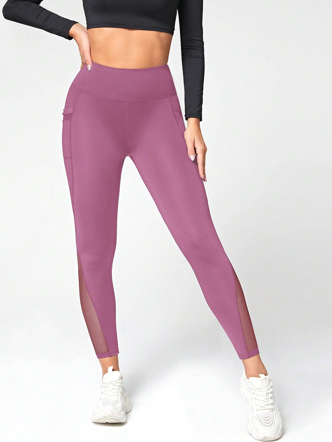 Women's Solid Color Side Phone Pocket Mesh Insert Yoga Leggings - WestLine Apparel