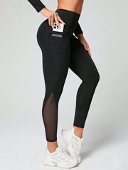 Women's Solid Color Side Phone Pocket Mesh Insert Yoga Leggings - WestLine Apparel