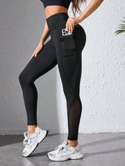 Women's Solid Color Side Phone Pocket Mesh Insert Yoga Leggings - WestLine Apparel