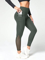 Women's Solid Color Side Phone Pocket Mesh Insert Yoga Leggings - WestLine Apparel
