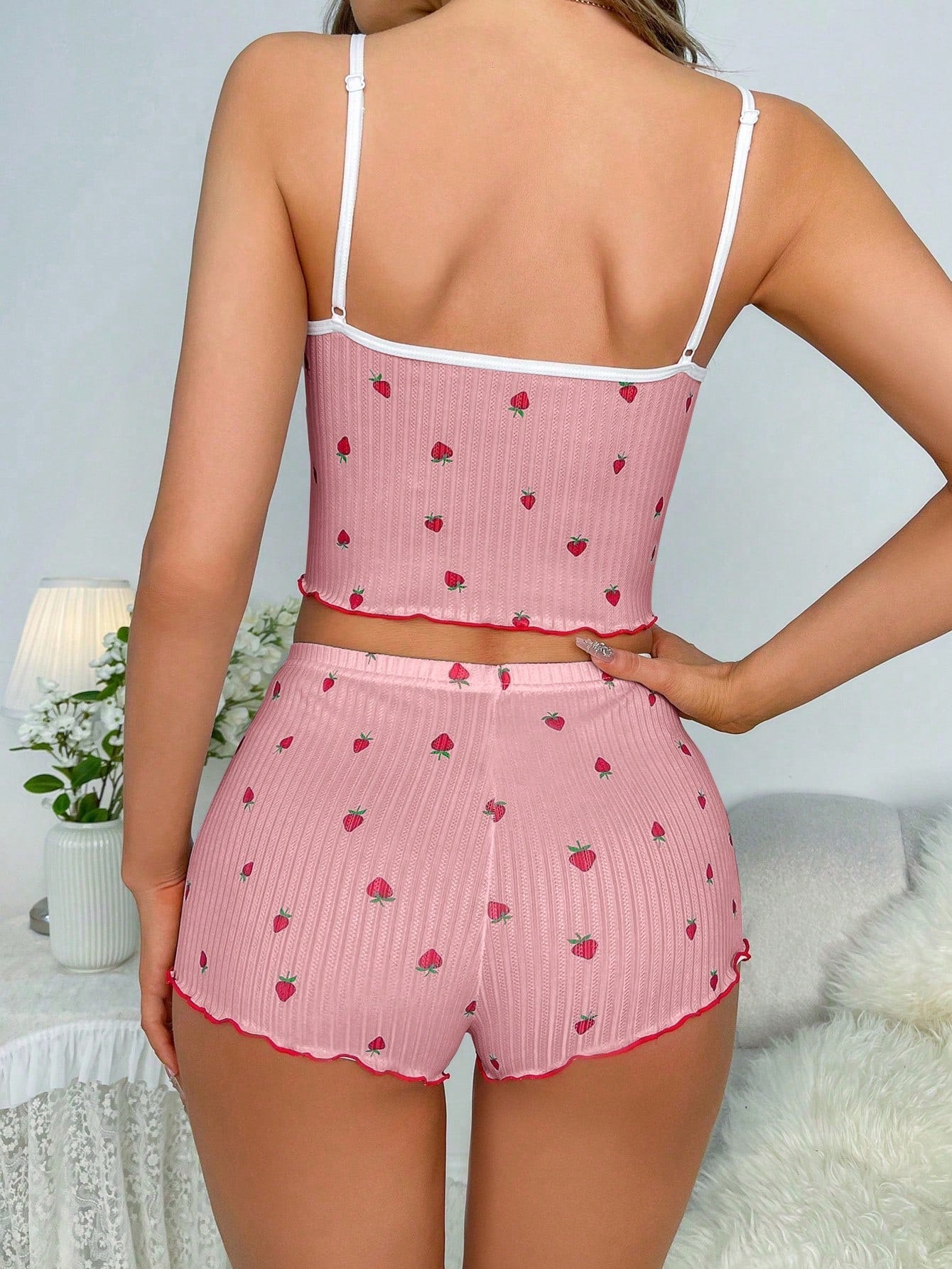 Women's Strawberry Printed Lace Trimmed Slim Fit Cami Top And Shorts Pajama Set - WestLine Apparel