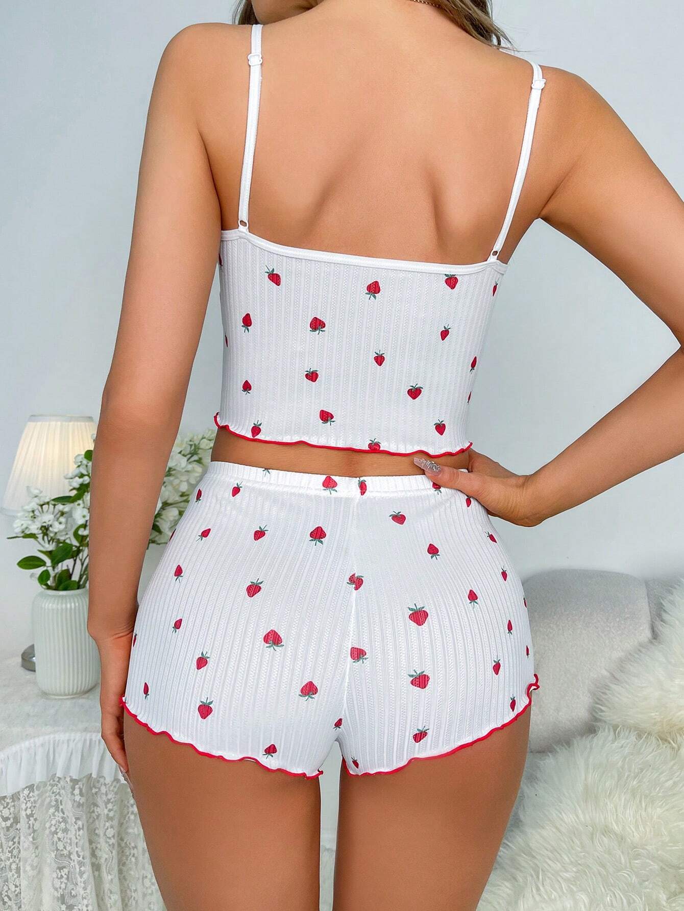 Women's Strawberry Printed Lace Trimmed Slim Fit Cami Top And Shorts Pajama Set - WestLine Apparel