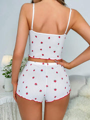 Women's Strawberry Printed Lace Trimmed Slim Fit Cami Top And Shorts Pajama Set - WestLine Apparel