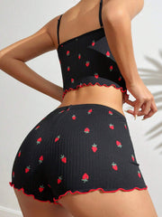 Women's Strawberry Printed Lace Trimmed Slim Fit Cami Top And Shorts Pajama Set - WestLine Apparel
