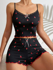 Women's Strawberry Printed Lace Trimmed Slim Fit Cami Top And Shorts Pajama Set - WestLine Apparel