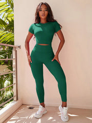 Yoga Basic Solid Color Crew Neck Short Sleeve Top And Pants Casual Elastic Seamless Sportswear Set - WestLine Apparel