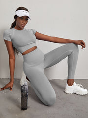 Yoga Basic Solid Color Crew Neck Short Sleeve Top And Pants Casual Elastic Seamless Sportswear Set - WestLine Apparel