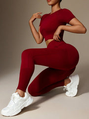 Yoga Basic Solid Color Crew Neck Short Sleeve Top And Pants Casual Elastic Seamless Sportswear Set - WestLine Apparel