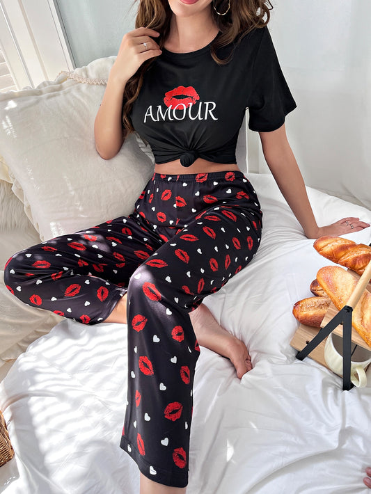 CoupledUp Letter Graphic Tee & Plaid Pants Pajama Set