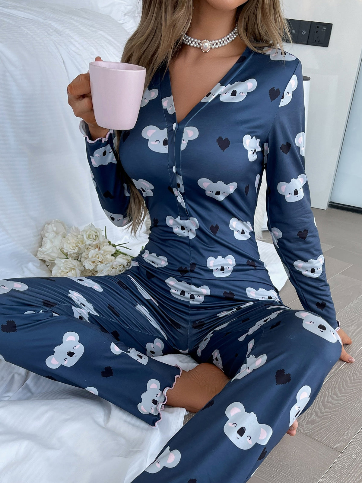 Women's Lips & Heart Printed Long Sleeve Pajama Jumpsuit With Long Trousers