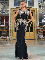 Appliques Detail Sequin Mesh Formal Dress