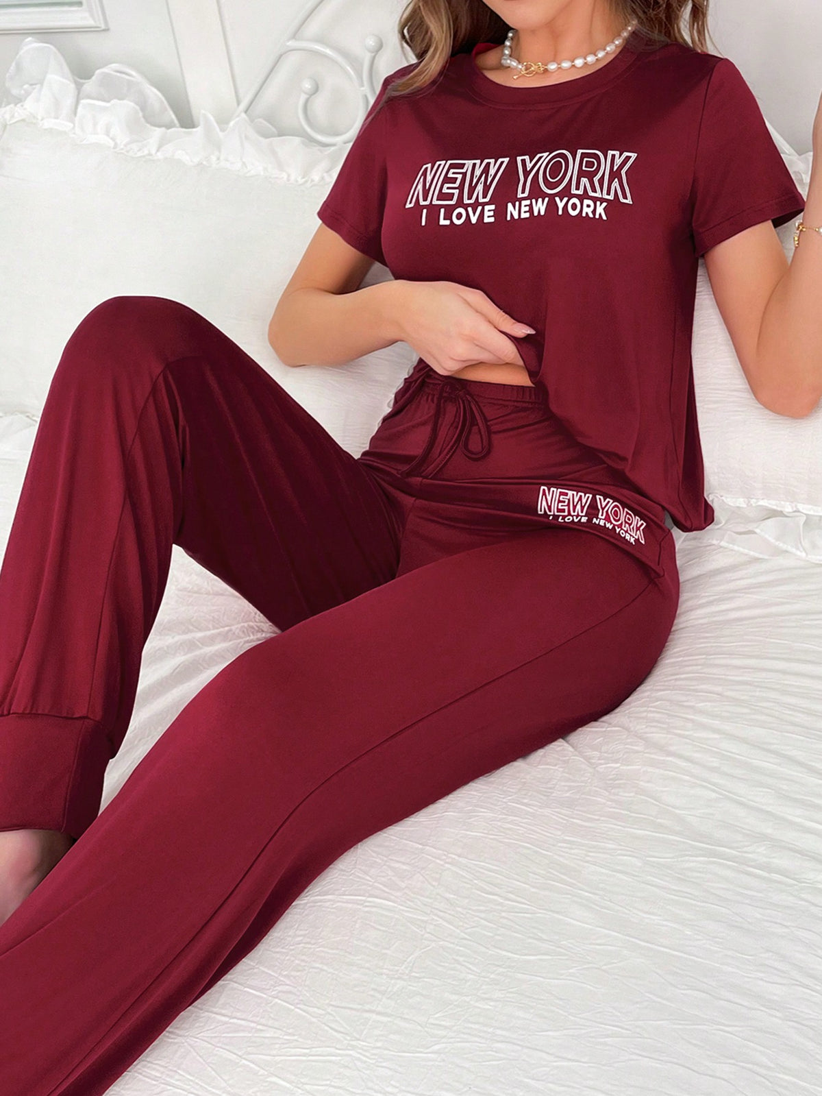 CoupledUp Slogan Graphic Tee & Knot Pants PJ Set / Pajama Set