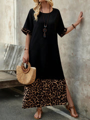 EMERY ROSE Women's Round Neck Long Summer Leopard Print Patchwork Long Dress