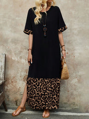 EMERY ROSE Women's Round Neck Long Summer Leopard Print Patchwork Long Dress