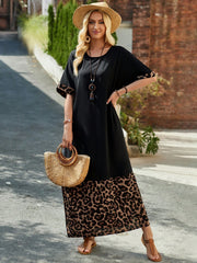 EMERY ROSE Women's Round Neck Long Summer Leopard Print Patchwork Long Dress