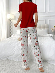 Solid Color Short Sleeve Top And Printed Long Pants Pajama Set