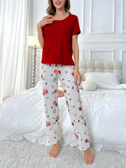 Solid Color Short Sleeve Top And Printed Long Pants Pajama Set