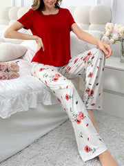 Solid Color Short Sleeve Top And Printed Long Pants Pajama Set