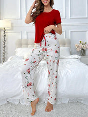 Solid Color Short Sleeve Top And Printed Long Pants Pajama Set