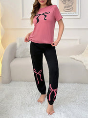 Women Color Block Bowknot Printed Short Sleeve T-Shirt And Pants Pajama Set