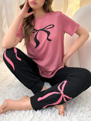 Women Color Block Bowknot Printed Short Sleeve T-Shirt And Pants Pajama Set