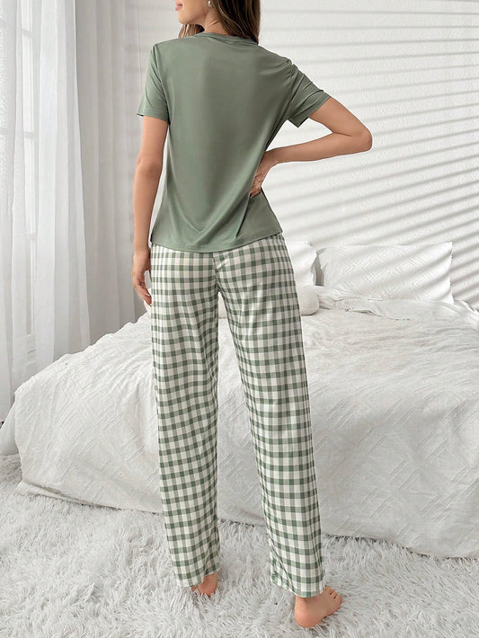 Bear Printed Short Sleeve Top With Grid Pants Sleepwear Set Pajama Set, Spring/Summer