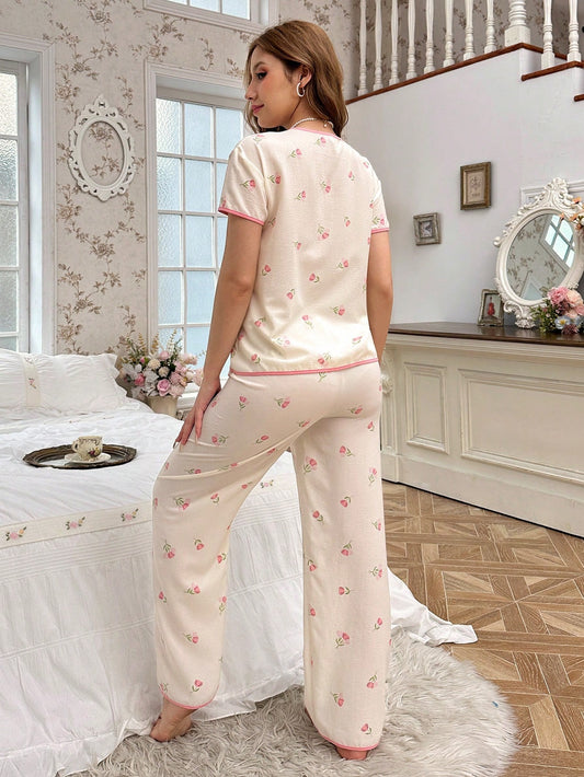 CottageSlumber Women's Flower Pattern Color Block Pajama Set With Contrast Trim