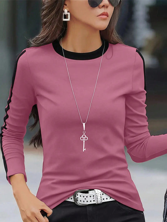 Essnce Women's Spring/Summer Loose Fit Casual Round Neck Color Block Long Sleeve T-Shirt