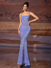 Wide Strap Back Zipper Sequined Decor Mermaid Maxi Evening Dress