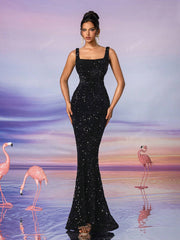 Wide Strap Back Zipper Sequined Decor Mermaid Maxi Evening Dress