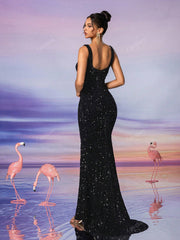 Wide Strap Back Zipper Sequined Decor Mermaid Maxi Evening Dress