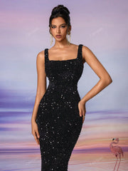 Wide Strap Back Zipper Sequined Decor Mermaid Maxi Evening Dress