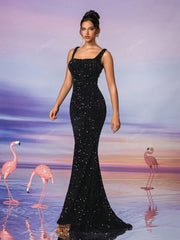 Wide Strap Back Zipper Sequined Decor Mermaid Maxi Evening Dress