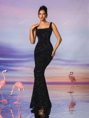 Wide Strap Back Zipper Sequined Decor Mermaid Maxi Evening Dress