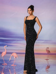 Wide Strap Back Zipper Sequined Decor Mermaid Maxi Evening Dress