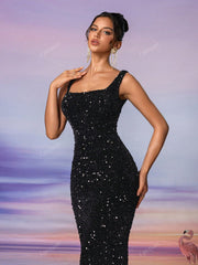 Wide Strap Back Zipper Sequined Decor Mermaid Maxi Evening Dress