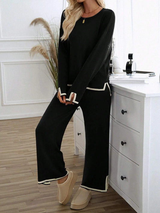 Holiday Leisure Color-Blocking Edging Long Sleeve Top Long Pants Sweater Set