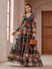 Women's Vintage Floral Long Sleeve Frill Trim Summer Maxi Dress