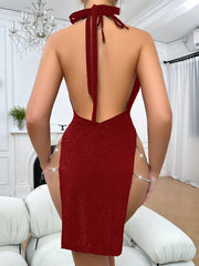 Chain Design High Side Slit Sexy Pajama Night Dress With Halter - WestLine Apparel