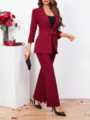 Clasi Ladies Belted Three-quarter Sleeve Suit With Pleats - WestLine Apparel