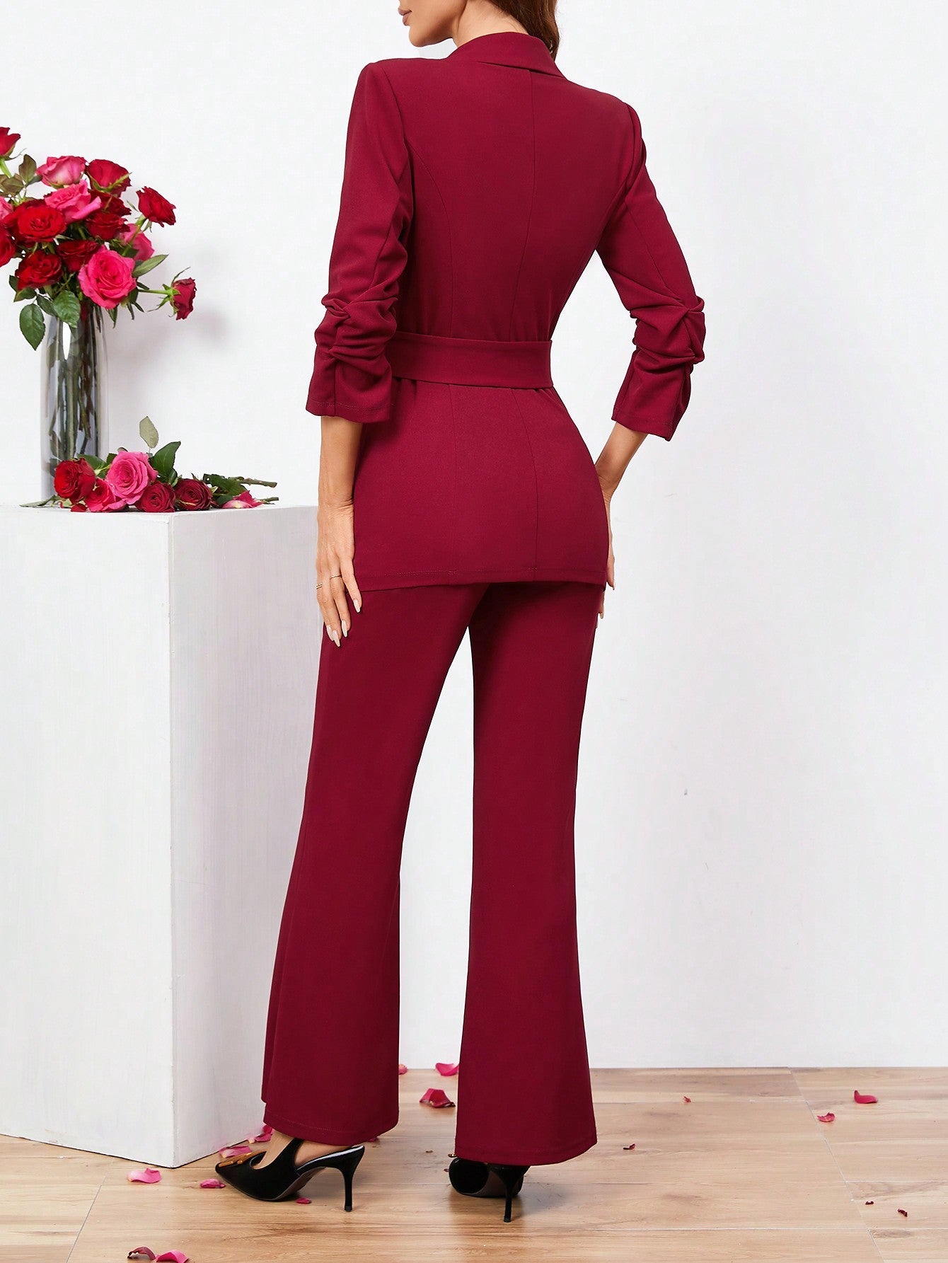 Clasi Ladies Belted Three-quarter Sleeve Suit With Pleats - WestLine Apparel