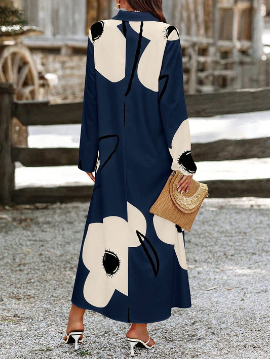 Clasi Women Long Sleeve Button Front Printed Mid-Length Casual Dress, Random Print - WestLine Apparel