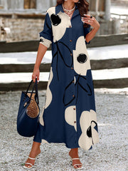 Clasi Women Long Sleeve Button Front Printed Mid-Length Casual Dress, Random Print - WestLine Apparel