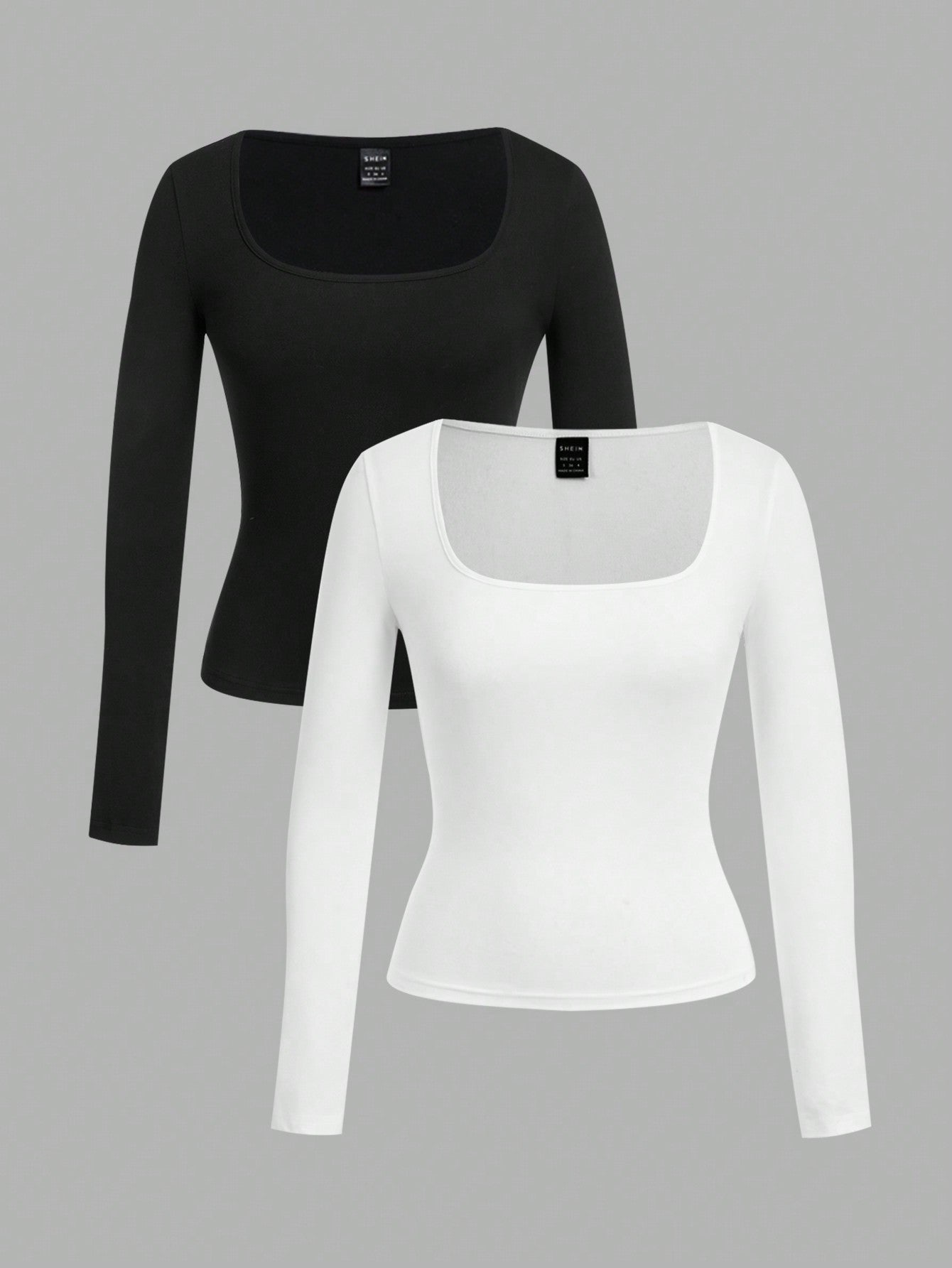 EZwear 2pcs Women Square Neckline Skinny Long Sleeve Casual T-Shirt Suit - WestLine Apparel