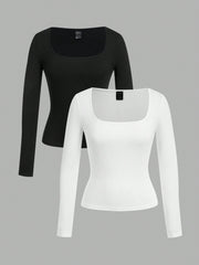 EZwear 2pcs Women Square Neckline Skinny Long Sleeve Casual T-Shirt Suit - WestLine Apparel