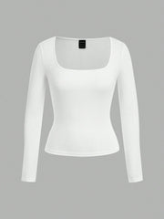 EZwear 2pcs Women Square Neckline Skinny Long Sleeve Casual T-Shirt Suit - WestLine Apparel